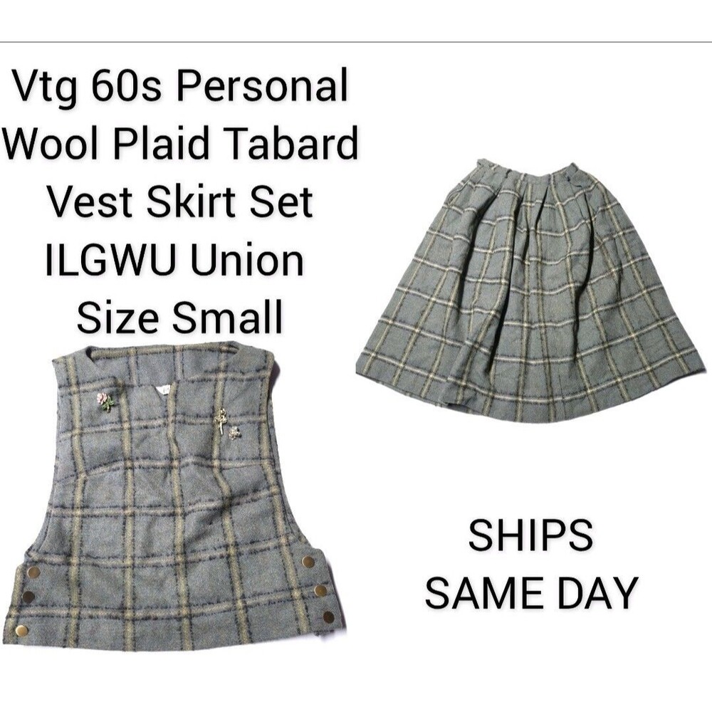Vtg 60s Personal Wool Plaid Tabard Vest Skirt Set ILGWU Union Size S Academia